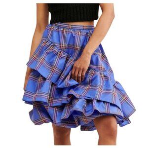 Maeve Anthropologie Purple Plaid Tiered Ruffle Taffeta Skirt